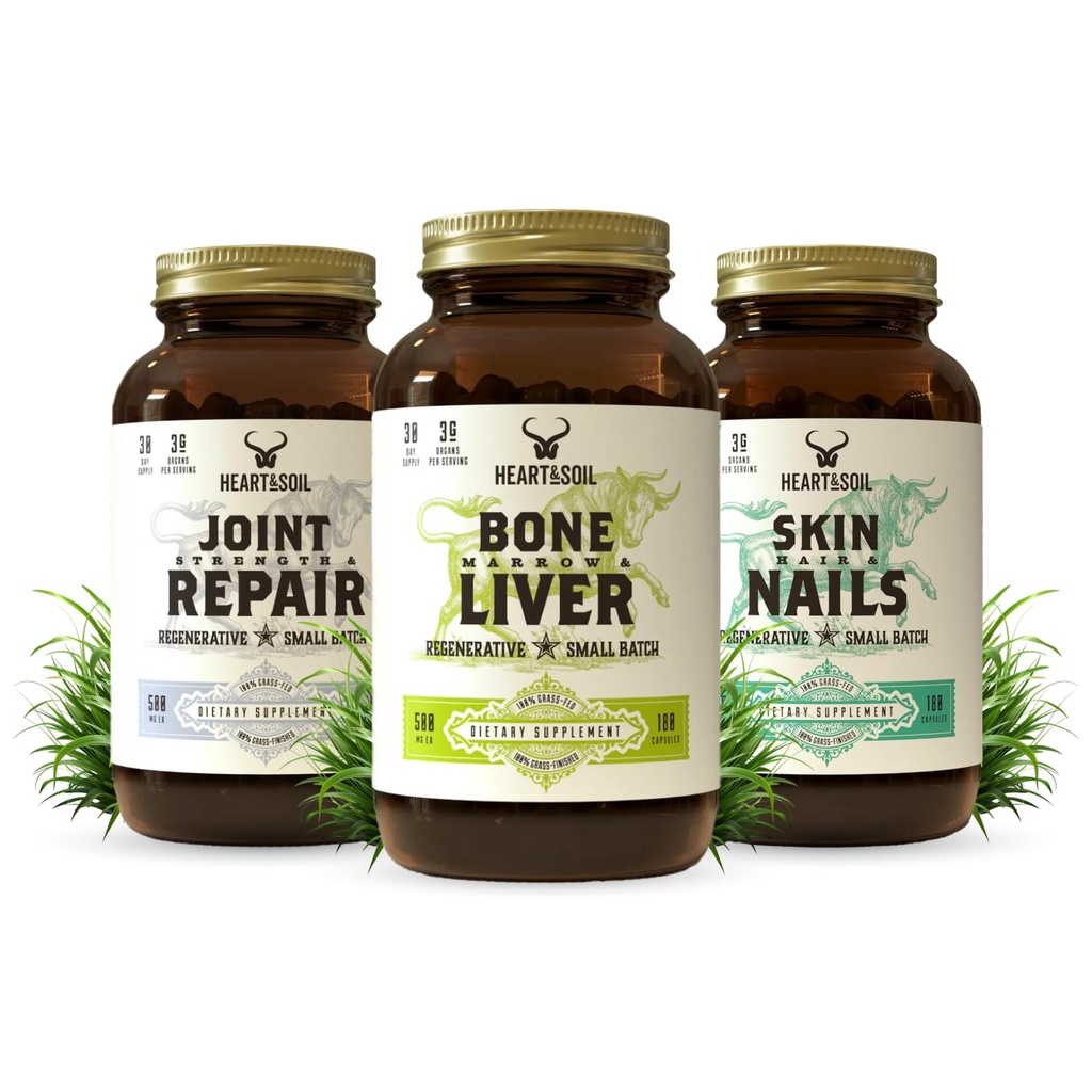 HEART & SOIL Joint & Mobility Stack - 3 elementer: Knoglemarv & lever, fælles styrke & reparation, hud, hår & negle til Full- Body Wellness, Collagen support, fleksibilitet, og inddrivelse