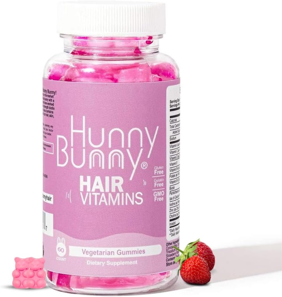 Hunny Bunny Hår Vitamin Biotin Gummies - Biotin tillæg med vitamin A, C, D, E, B6 - Hårvækst, hud, neglevitaminer - Ikke GMO, Gluten Free - 60 Gummies