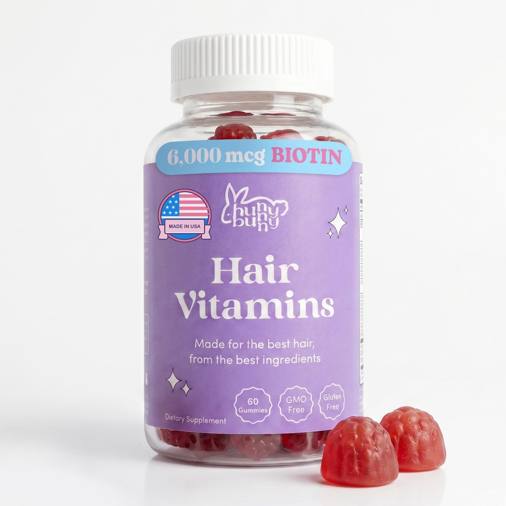 Hunny Bunny Hår Vitamin Biotin Gummies - Biotin tillæg med vitamin A, C, D, E, B6 - Hårvækst, hud, neglevitaminer - Ikke GMO, Gluten Free - 60 Gummies