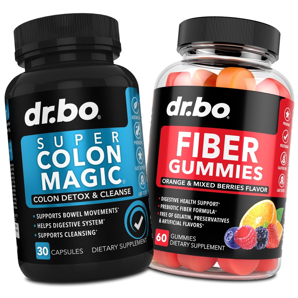 DR. BO Fiber Gummies & Colon Cleanse Kosttilskud - Tasty Gummy Prebiotic Fiber Supplement - Super Colon Magic tarmbevægelse Støtte til Gut & Mave Cleansering
