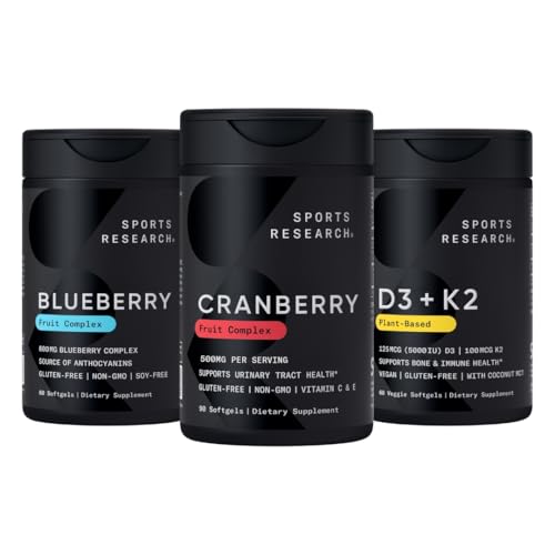 Sport Forskning Tranebær Frugt Complex tillæg med Pacran & Vitaminer C & E, Hele frugt blåbær koncentrat fremstillet af økologiske blåbær og plante baseret vitamin D3 + K2 med kokosolie