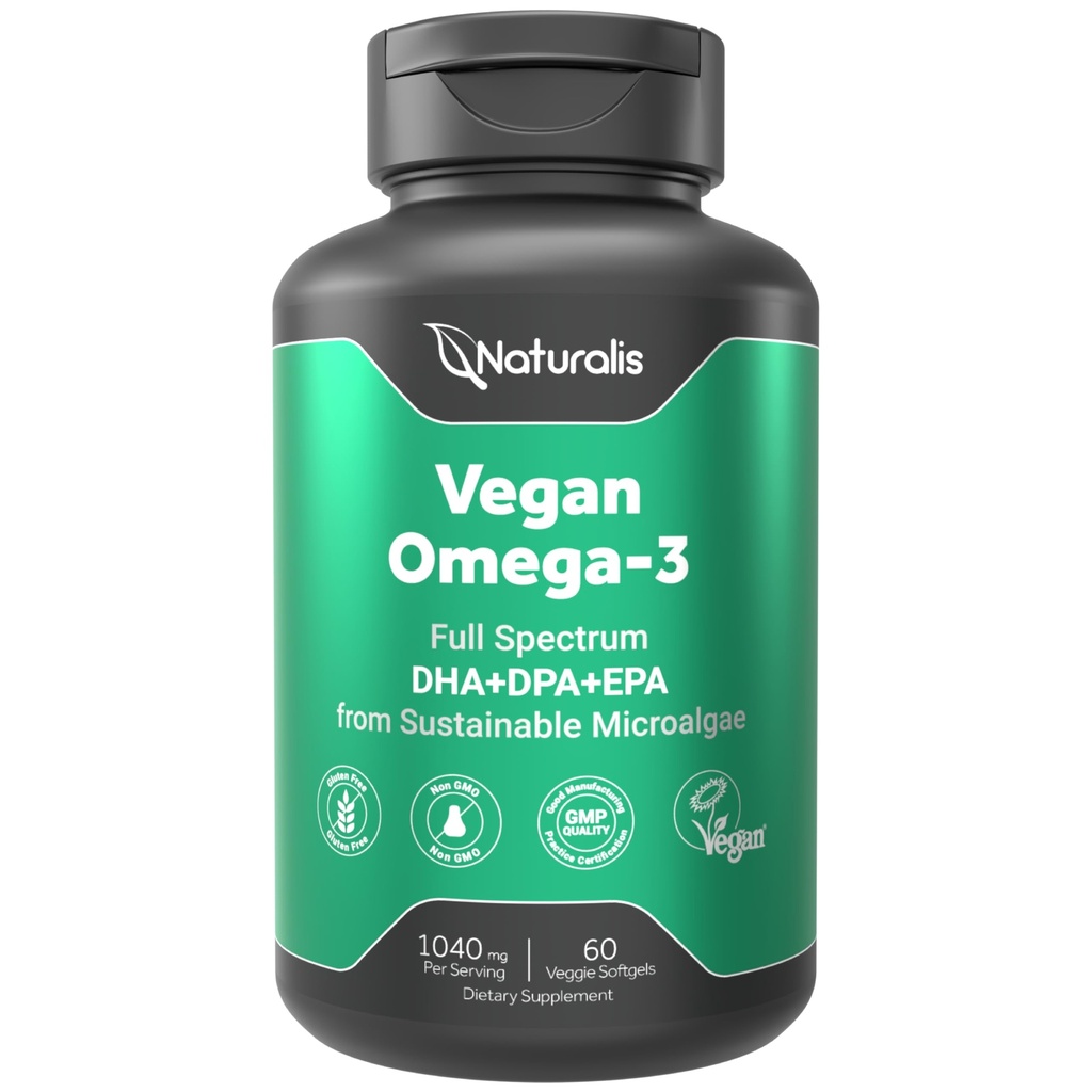 Naturalis Vegan Omega 3 DHA, EPA & DPA fra Algae Note 124; Vegan Society Certified, Sustainably Sourced, True Full Spectrum