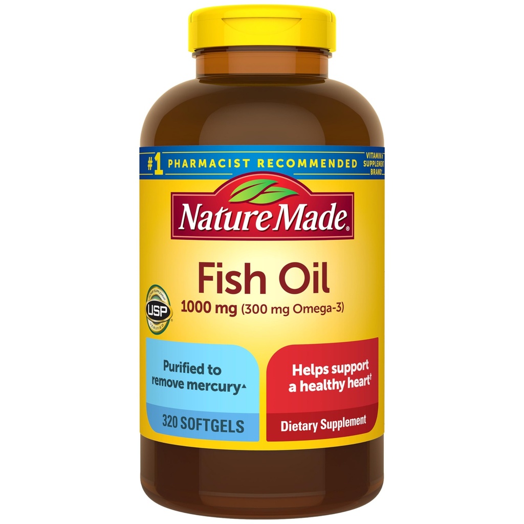 Nature Made Fish Oil Omega 3 Kosttilskud, 1000mg Softgels, Omega 3 Fish Oil for Sund Heart Support, 320 Softgels, 160 Day Supply