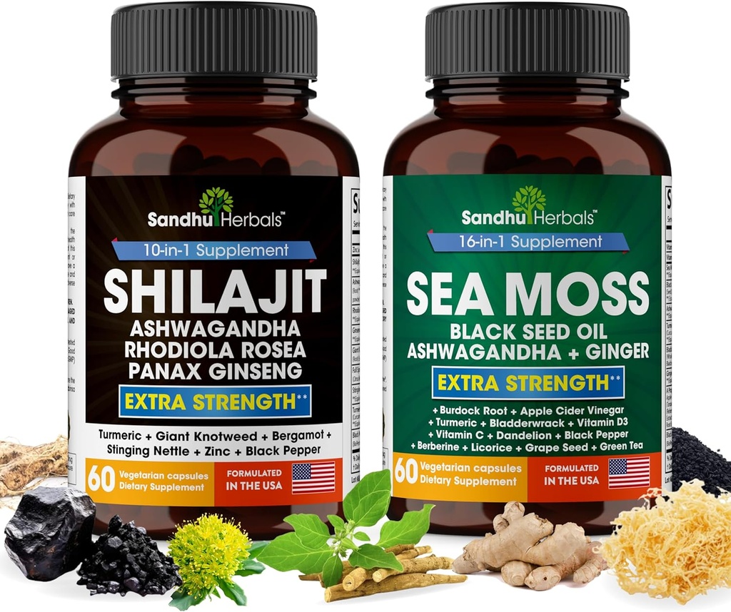 Shilajit Sea Moss Ashwagandha Combo Bundle - Black Seed Oil, gurkemeje, Rhodiola Rosea, Panax, Ginseng Supplement 124; 120 kapsler, bedre end gummies, harpiks 124; Seamoss for mænd og kvinder