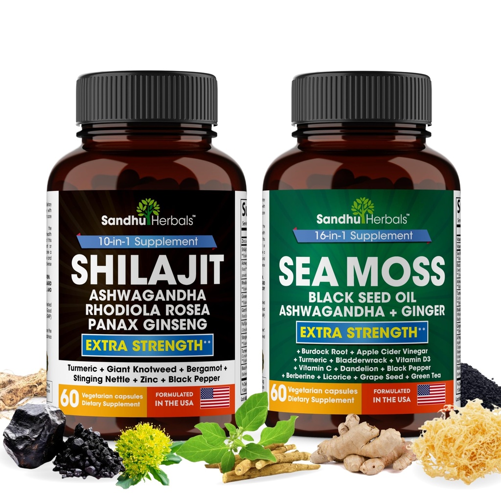 Shilajit Sea Moss Ashwagandha Combo Bundle - Black Seed Oil, gurkemeje, Rhodiola Rosea, Panax, Ginseng Supplement 124; 120 kapsler, bedre end gummies, harpiks 124; Seamoss for mænd og kvinder