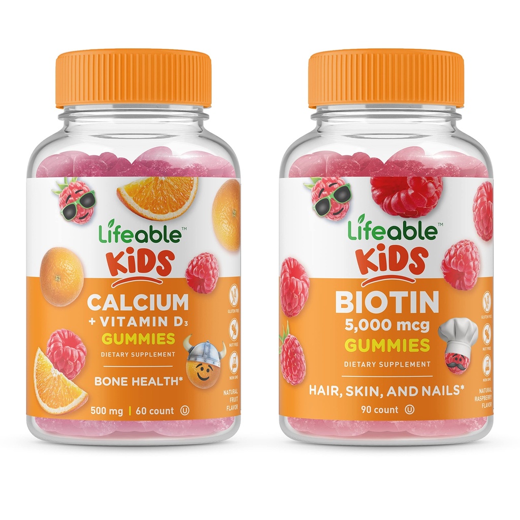 Lifeable Biotin Kids + Calcium med D-vitamin Kids, Gummies Bundle - Great Tasting, Vitamin Supplement, Gluten Free, GMO fri, Chewable Gummy