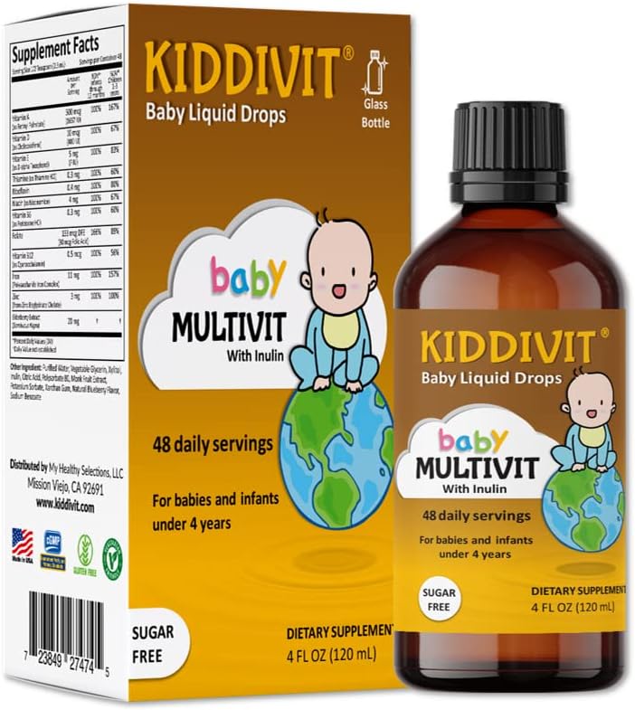 Kiddivit Baby Multivitamin Liquid Drops med Inulin - 48 daglige servicer, 4 Fl Oz (120ml) - Glaskolbe - Sukker fri, Gluten fri, Vegetarisk venlig