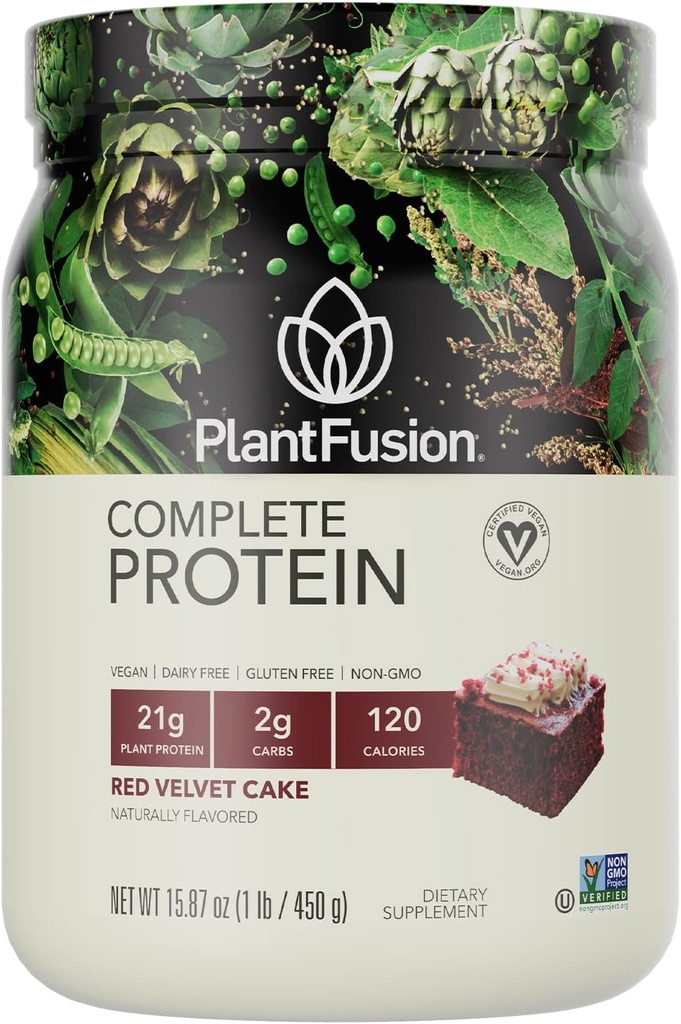 PlantFusion Complete Vegan Protein Powder - Plant baseret Protein Powder med BCAA, fordøjelsesenzymer og Pea Protein - Keto, Gluten Free, Soy Free, Non- Dairy, No Sugar, Non- GMO - Red Velvet 1 LB
