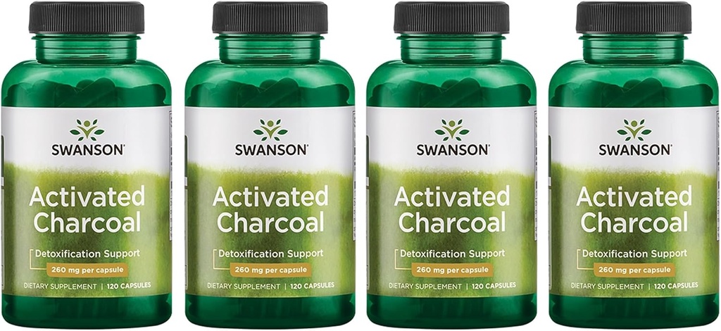 Swanson Aktiveret kul - Natural Supplement Support Sund Absorption - Hjælper w / Bloating & Vedligeholdelse af tarmregulering - (120 kapsler, 520mg per Serving) 4 Pack