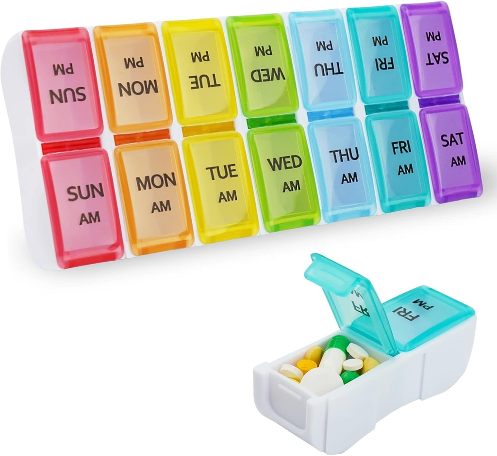 DailyRest Pill Organizer 2 gange om dagen, Pill Box 7 Dag, AM PM Pill Case, Aftagelig Ugentlig Pill Container, Rainbow See- through Lids, Rejser Portable Medicine Container til Pill / Vitaminer / Kosttilskud
