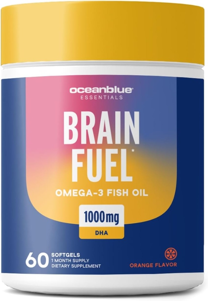 Oceanblå Essentials Brain Fuel - 60ct - Burpless Fish Oil - High Potency Omega 3 DHA supplement til hjerne og øje støtte -1000 mg - Tasty Orange Flavor - 1 måned Supply