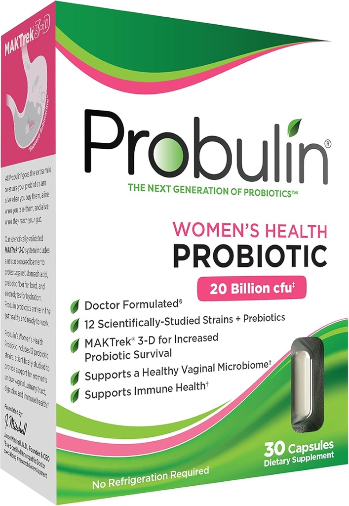 Probulin Kvinder Sundhed Probiotisk + Prebiotic for Vaginal, Gut & immunforsvar - 20 Millioner CFU - 12 Probiotiske Strops, 30 Veganske Kapsler