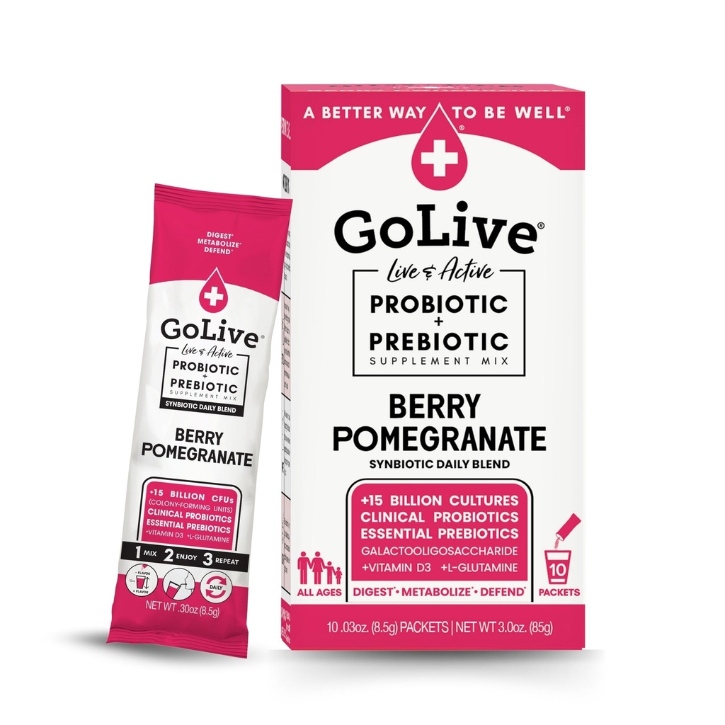 Golive Prebiotic og Probiotic til kvinder, mænd, børn. Berry Pomegranate Synbiotic Powder w / L- Glutamin, D3- vitamin, elektrolyter. For Gut Health, fordøjelse, Metabolisme, Immunitet 15- 50B CFU 'er.