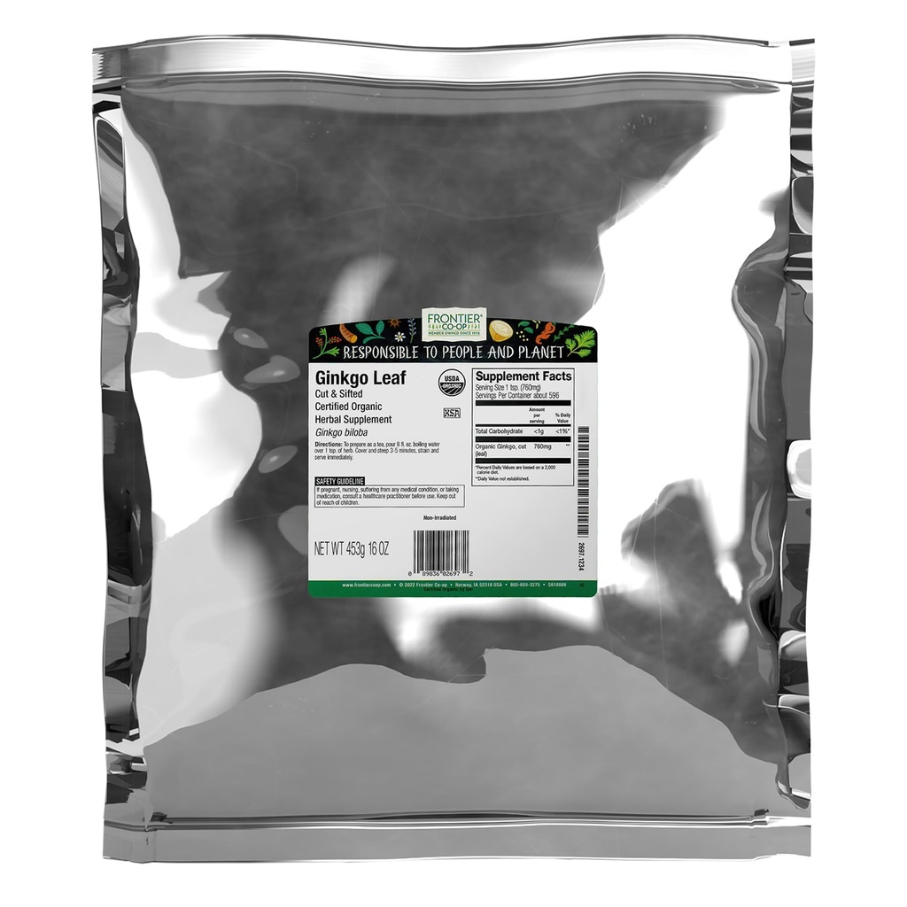 Frontier Co- op Økologisk Ginkgo Leaf, 1lb Bulk Bag, Klip og Sigted Buddy 124; Tørret Ginkgo Biloba Leaf Buddy 124; Ideel til te og urtebrug, Kosher