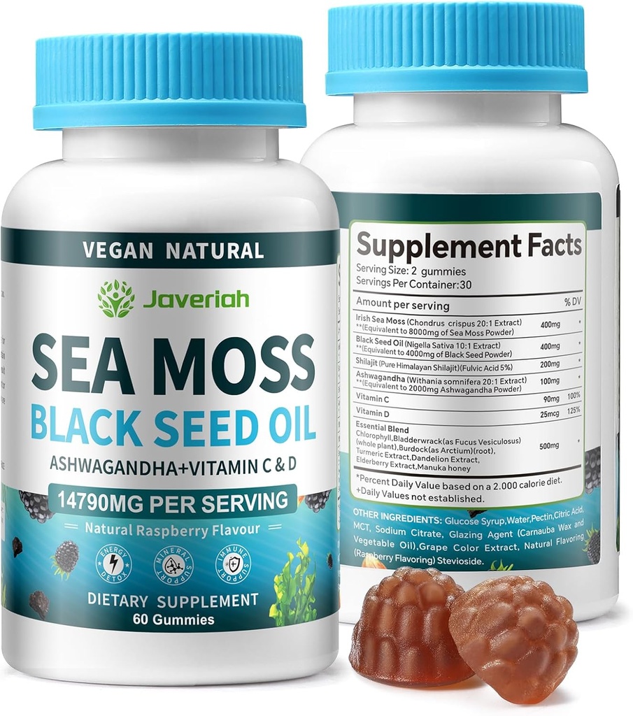 Vegan Ashwagandha Sea Moss Gummies - Black Seed Oil, Vitamin C&D for Immune Support, Digestive, Antioxidant 13 in 1 Bundle, Sea Moss Chlorophyll Advanced Strength Formula 2Pack 120 Gummies