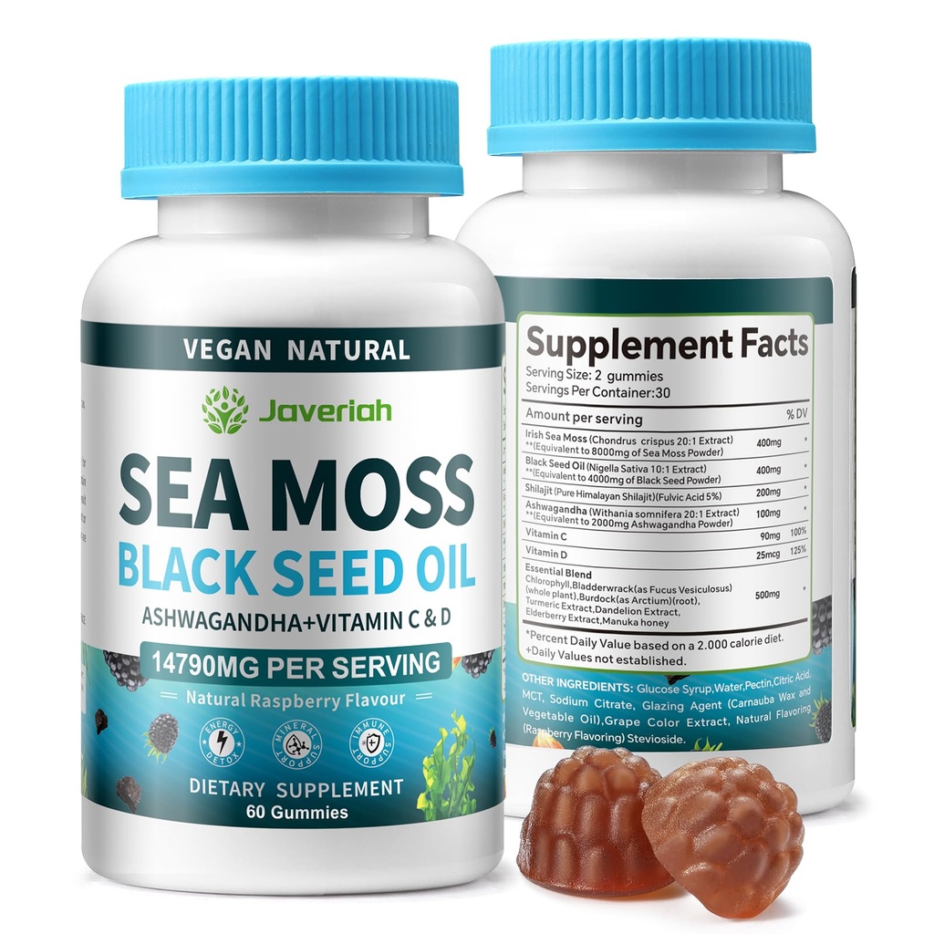 Vegansk Ashwagandha Sea Moss Gummies - Black Seed Oil, C-vitamin & D til immunforsvar, fordøjelsesfremmende, Antioxidant 13 i 1 bundle, Sea Moss Chlorophyll Avanceret styrke Formel 2Pack 120 Gummies