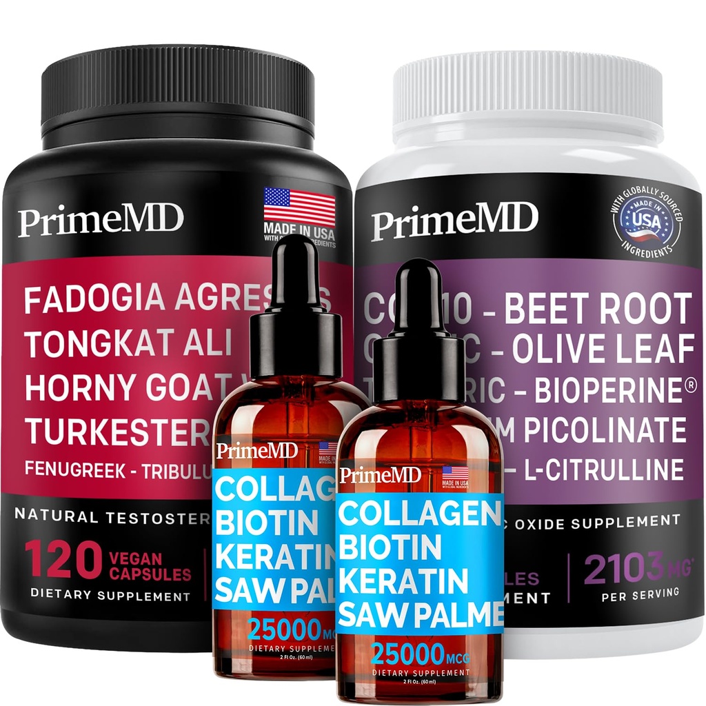 Flydende collagen biotin (2pk), Fadogia Tongkat Ali (1pk), og nitrogenoxid (1pk) Supplement Bundle - Potent Vitaminer til hår, hud, negle, hjerte, energi, & Testosteron support - non-GMO, Vegan