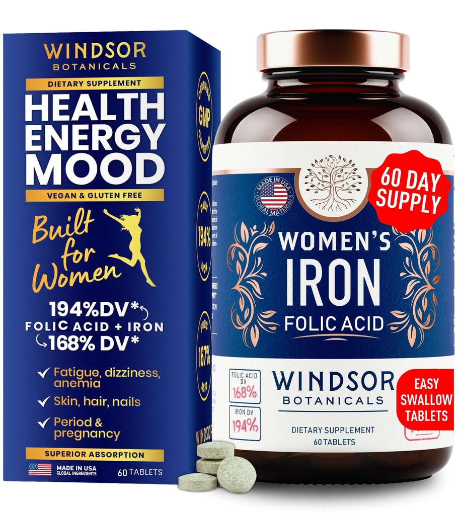 Iron og folinsyre Kosttilskud til kvinder - 35 mg Gentle Iron Vitamin, Folinsyre 400mcg - Anæmi, Periode, Graviditet Support, Ferrosulfat piller - 60 Vegan non- Forstoppende tabletter