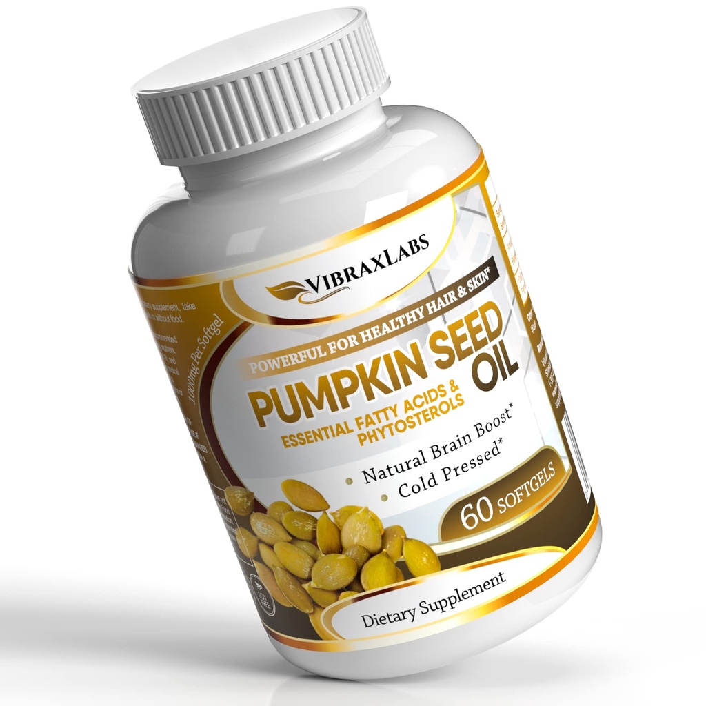 vibraxlabs Pumpkin Seed Oil - 100% kold presset Pure 1000mg Extraction - Bedste for hårvækst, Yngre udseende hud & ansigt, Bregen Control supplement, 60 Softgels