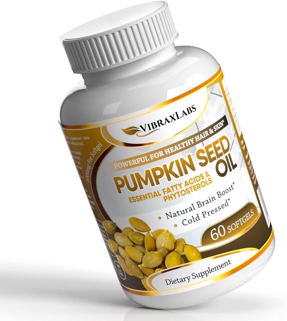 vibraxlabs Pumpkin Seed Oil - 100% kold presset Pure 1000mg Extraction - Bedste for hårvækst, Yngre udseende hud & ansigt, Bregen Control supplement, 60 Softgels