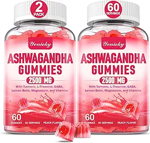 Ashwagandha Gummies 2500mg for kvinder & mænd: Ashwagandha Supplement Gummy Extra Styrke med gurkemeje, D3- vitamin, L- Theanin, Magnesium - fyldte gummies, jordbær flavor, Vegan, non-GMO