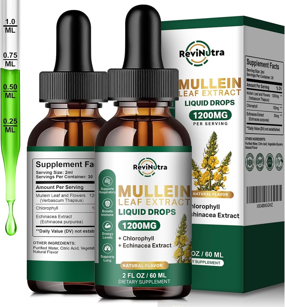 2 Pack Mullein dråber til lunger, 1200mg Mullein Leaf Extract Flydende dråber med Chlorophyll til Lung Cleanse & Detox, Support for Respiratory, Immun, fordøjelsessystem