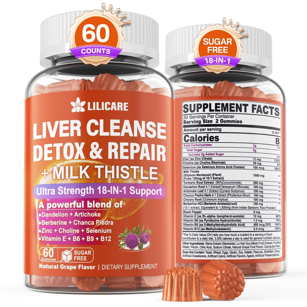 1Pack Milk Thistle Lever Detox Gummies, 18- 1- lever rense Detox & reparation Supplement med Berberine, Chicory Root, Gurkemeje, Artiskoke, Mælkebøtte Root, Chanca Piedra, Vitaminer B6 B12 - Sukker fri