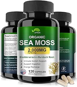 Organic Sea Moss Kapsler med Bladderwrack, Burdock Root og Black Pepper Ekstract- Irish SeaMoss Pills 2000mg- Promoes immunsystem, Thyroid Support (120 Kapsler)