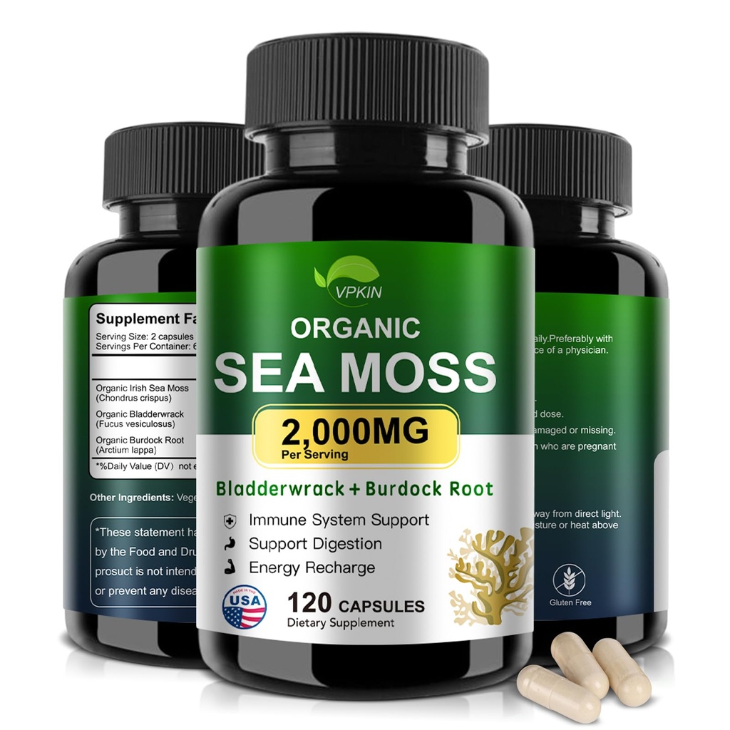 Organic Sea Moss Kapsler med Bladderwrack, Burdock Root og Black Pepper Ekstract- Irish SeaMoss Pills 2000mg- Promoes immunsystem, Thyroid Support (120 Kapsler)