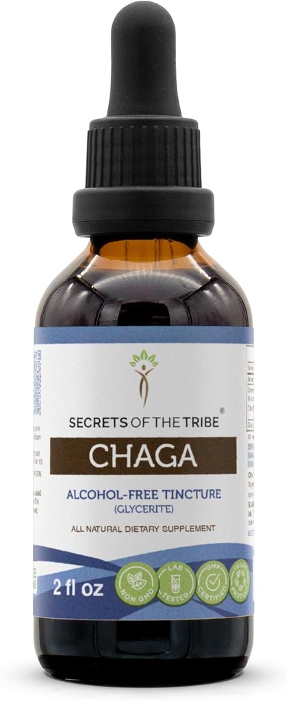 Secrets of the Tribe Chaga Tincture Alcohol- Free Extract, High- Potency Herbal Drops, Tincture Made from Wildcrafted Chaga (Inonotus obliquus) Tørret Mushroom 2 oz