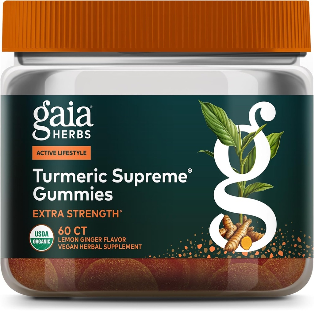 Gaia urter gurkemeje Supreme Extra Strength Gummies - Understøtter Hævelse Relief til at hjælpe med at bevare en aktiv livsstil - Lemon Ginger Flavor - 60 Vegansk Økologisk Gummies (20-dages Tilgang)