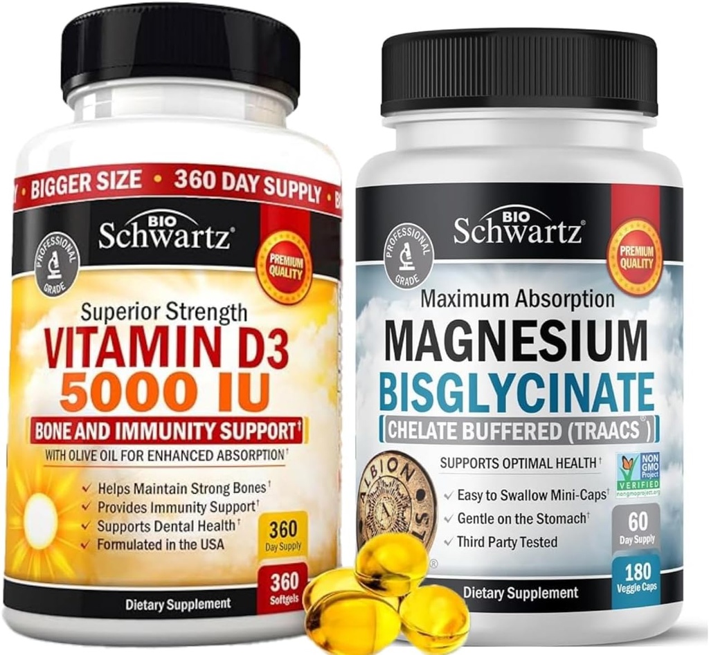 Høj styrke D3 5000 IE 125 mikrogram (1 års forsyning) Plus høj absorption Magnesium Bisglycinat kapsler (2 måneders forsyning)