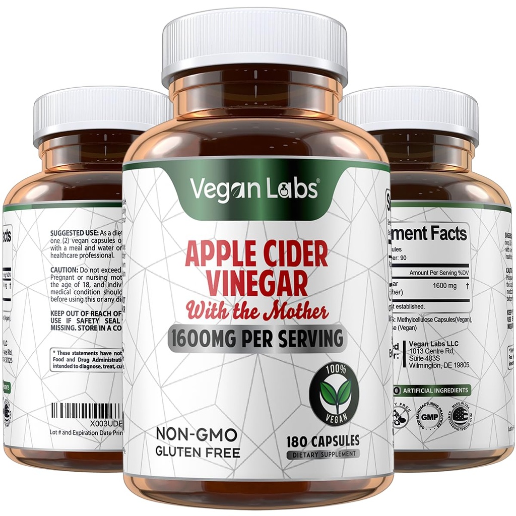 Vegan Labs Apple Cider Vincipe kapsler med de moder- 180 Vegan kapsler, 1600MG Per Servering - 100% Natural ACV søjler - Understøtter sund fordøjelse, Keto, Vægthåndtering, Detox, og immunsystem