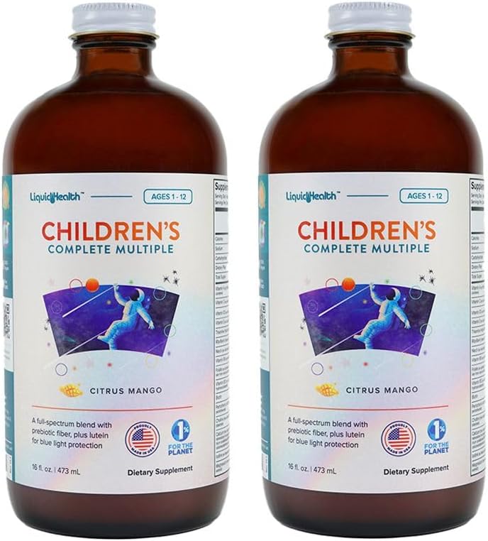 LIQUIDSUNDHED Børns Komplette Flydende Multivitamin til Børn, Tandlæger - Essentielle Vitaminer, Nutrients & Minerals, Immunsupport, Gut Health - Made in The USA, Vegan, Non GMO, Sugar- Free (2 Pack)
