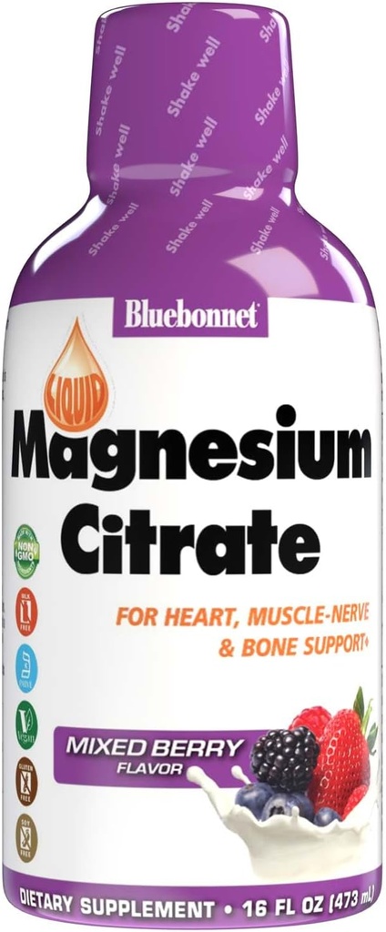 Bluebonnet Nutrition Magnesium Citrate 420 mg - Calm Mind & Body * - Understøtter hjerte, muskel & søvn * - Non- GMO, Vegan, Kosher, Gluten- Free, Soy- Free, Milk- Free - 16 FL OZ, blandet berry flavor