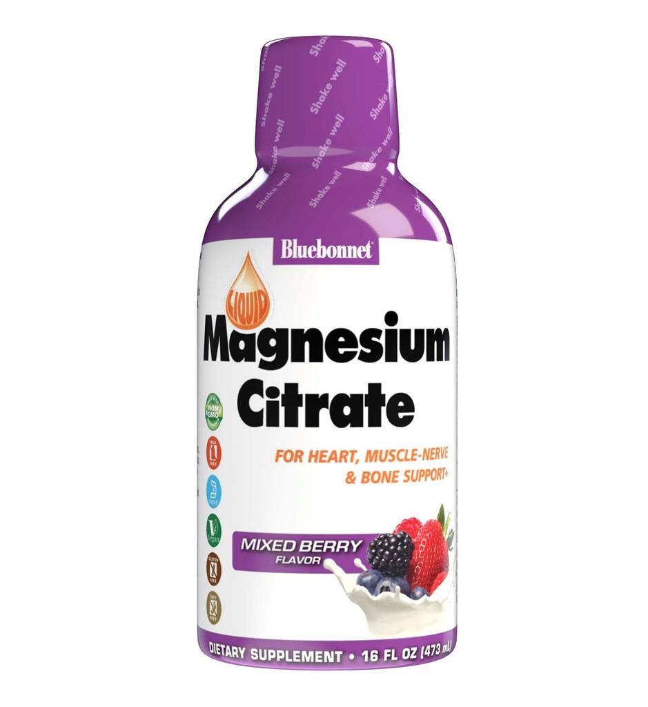 Bluebonnet Nutrition Magnesium Citrate 420 mg - Calm Mind & Body * - Understøtter hjerte, muskel & søvn * - Non- GMO, Vegan, Kosher, Gluten- Free, Soy- Free, Milk- Free - 16 FL OZ, blandet berry flavor