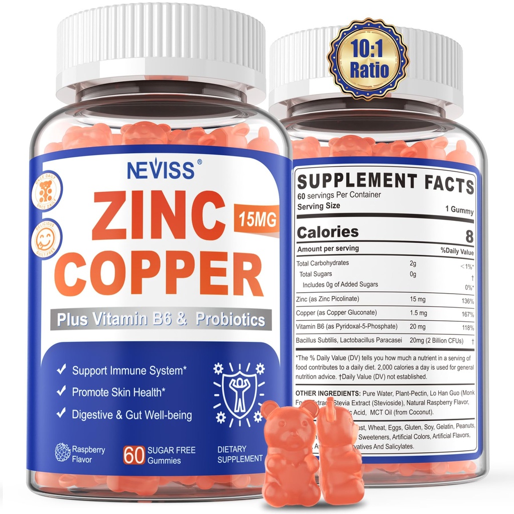 Zinkgummier med kobber + probiotika, vitamin B6 til Max Absorption, Zinktilskud til mænd og kvinder, To essentielle mineraler Balance Formel for Immunitet og Gut Sundhed, Vegan, Non- GMO, 120 Cts