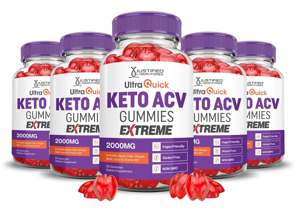 Justified Laboratories (5 Pack Ultra Quick Keto ACV Gummies Extreme 2000MG Ultraquick Keto Gummies Apple Cider Vinciate Formuleret med Pomegranate Beet Juice Powder B12 Vegan Non GMO 300 Gummys