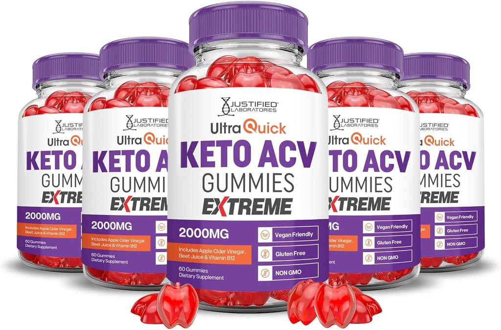 Justified Laboratories (5 Pack Ultra Quick Keto ACV Gummies Extreme 2000MG Ultraquick Keto Gummies Apple Cider Vinciate Formuleret med Pomegranate Beet Juice Powder B12 Vegan Non GMO 300 Gummys