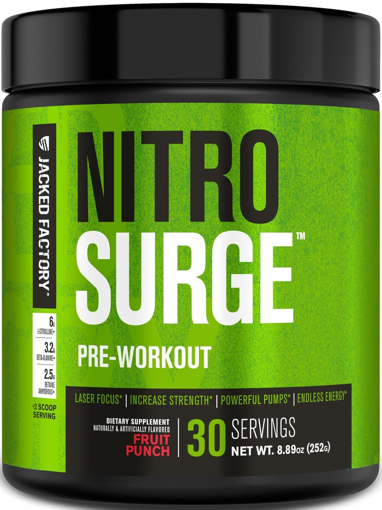 Jacked Factory NITROSURGE Pre Workout Supplement - Endeløs energi, Instant Strength Gains, Clear Focus & Intense Pumper - NO Booster & kraftfuld Preworkout Energy Powder - 30 Serveringer, Frugt Punch