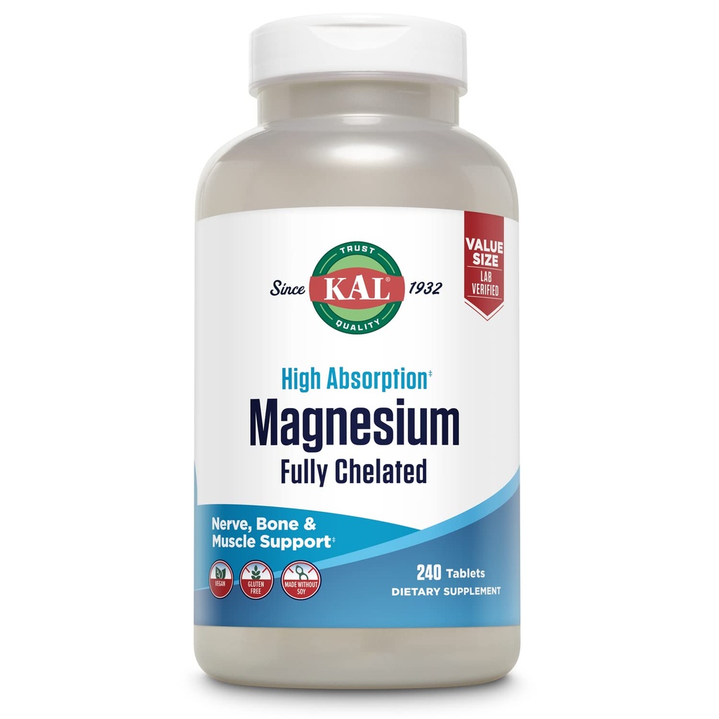 KAL Magnesium Glycinate Tablets, Fully Chelated, High Absorption Formel med Magnesium Bisglycinate Chelate for Nerve, Muscle & Bone Health Support, Vegan, Gluten Free, Value Størrelse, 240 Tablets