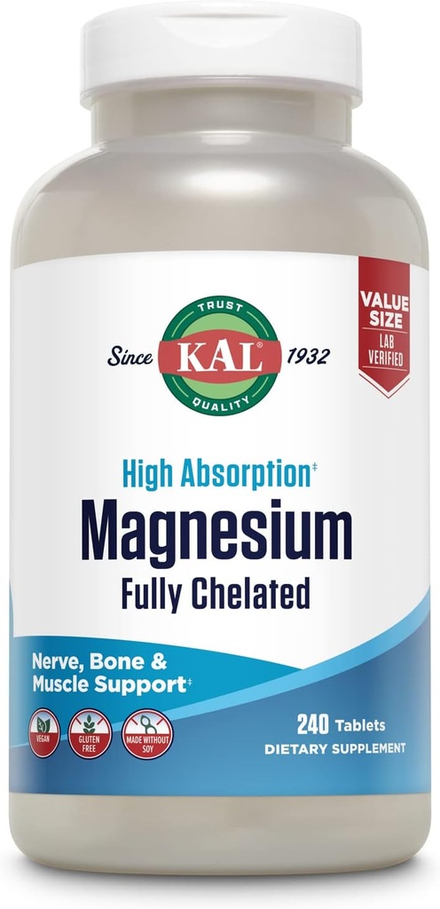 KAL Magnesium Glycinate Tablets, Fully Chelated, High Absorption Formel med Magnesium Bisglycinate Chelate for Nerve, Muscle & Bone Health Support, Vegan, Gluten Free, Value Størrelse, 240 Tablets