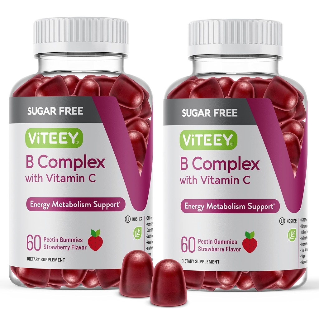 VITEEY vitamin B Complex gummies with Vitamin C, Sugar Free - Energy, Metabolisme & Nerve Health - B6, B12, Folsyre, Biotin - Vegan, Gelatine Free, GMO Free - Tasty Chewable Strawberry Flavored Gummy