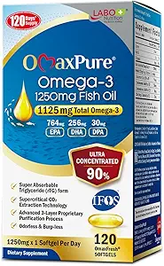 Labo Nutrition OmaxPure Omega3 Fish Oil - 1125mg Omega 3 IFOS Certified - High Potency rTG Omega Fish Oil Supplement med DHA & EPA - 120 Softgels
