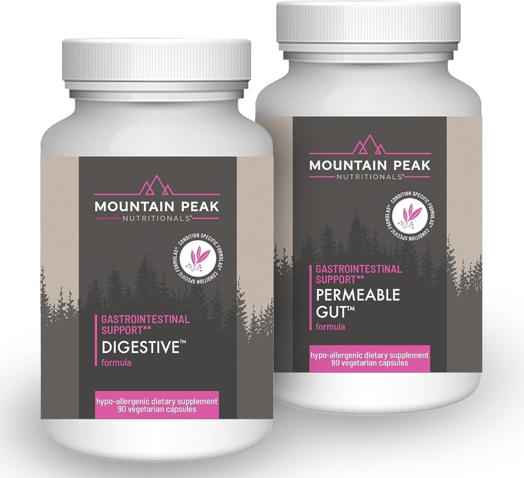 Mountain Peak Nutritionals Permeable Gut & Digestive Support Combo Pack - Gut Lining & Gastrointestinal Health - Enzymer, Probiotika & Nutritional Support - 90 Vegetariske Kapsler Hver
