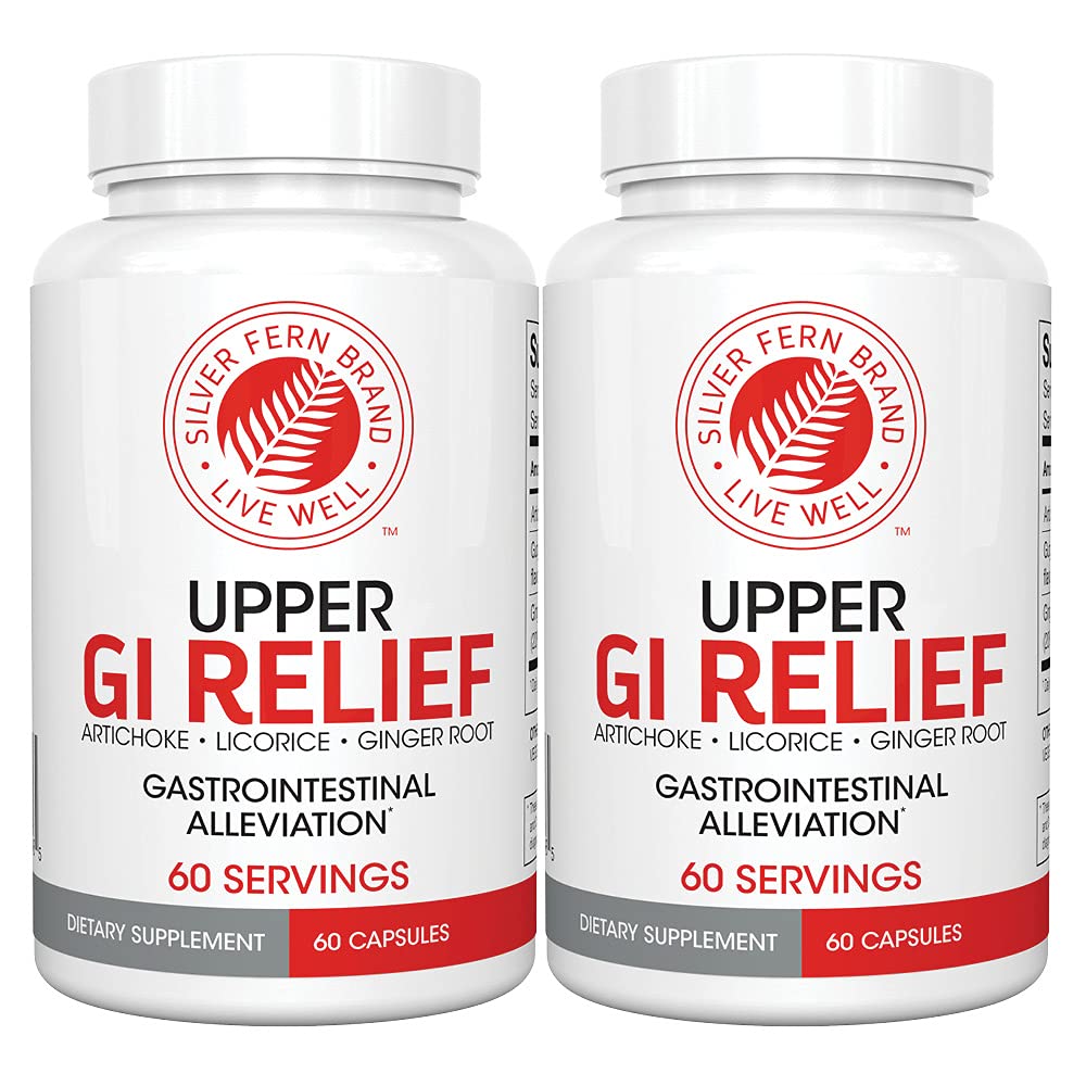 Sølv Fern GI Relief - Natural Herbal Supplement - Alle naturlige med Artichoke Leaf Extract, Ginger Root Extract, og GutGuard Lakrids Flavonoider (2 flasker - 120 kapsler - 60 dages forsyning)