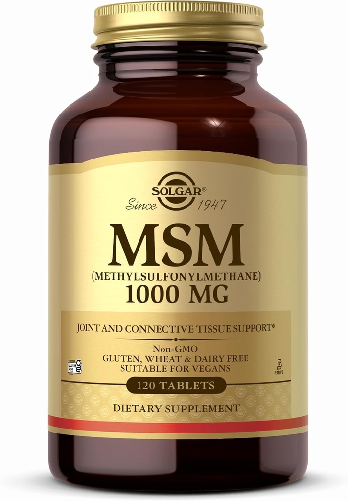 Solgar MSM 1000 mg - 120 tabletter - Understøtter Joints & Connective Tissue - Non- GMO, Vegan, Gluten Free, Dairy Free, Kosher - 120 Servere