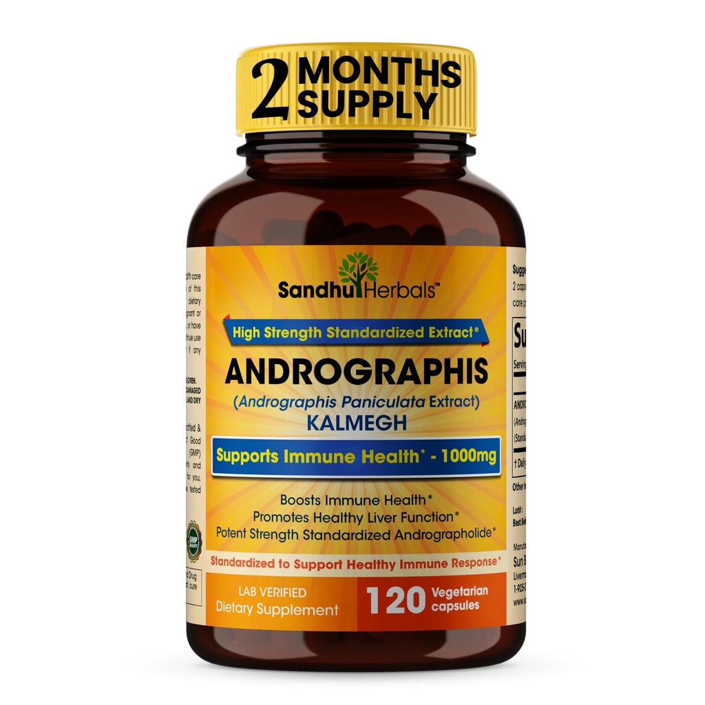 SANDHUHERBALS Sandhu Herbals Andrographis Paniculata Kalmegh for immun- og leversundhed Support 124; 120 Vegetarer Kapsler, 2 Måneder Support 124; Ayurvedic Herbal Vegetar Supplement Complex