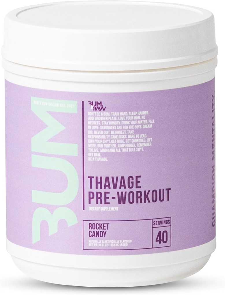 RAW Pre Workout Powder, Thavage (Rocket Candy) - Chris Bumstead Sport Nutrition Supplement for mænd og kvinder - CobumPreworking for working out, Hydration, Mental Focus & Energy - 40 Tjenester