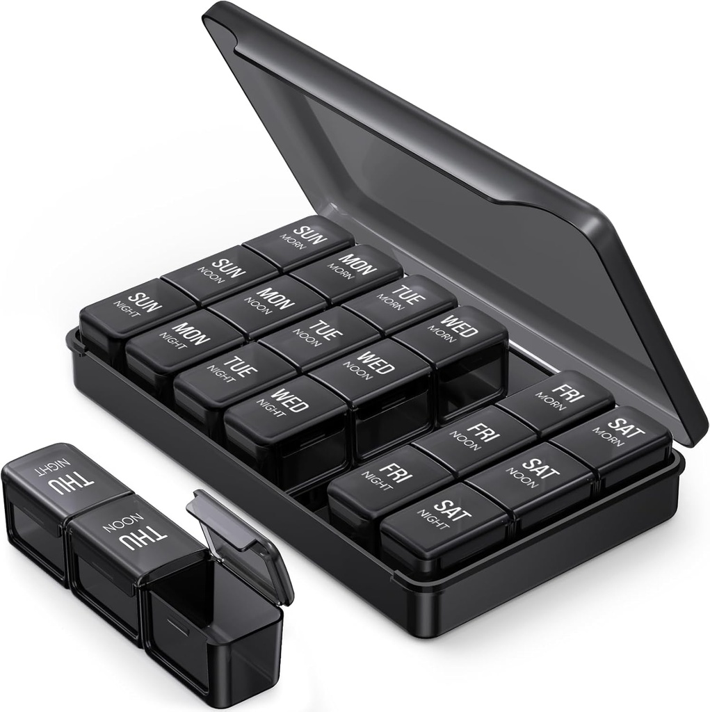 PULIV Pill Organizer 3 gange en dag i sort farve for beskyttelse af privatlivets fred, Bærbar Ugentlig Pill Box 7 dag for rejser, Stor Light-Proof Pill sag for vitaminer, Medicin, Kosttilskud og fiskeolier